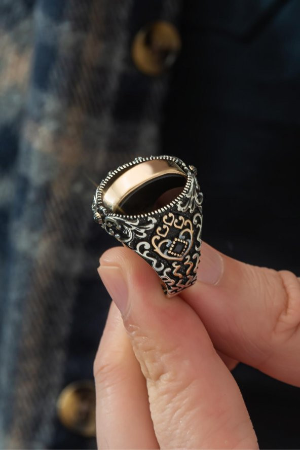 Çift Taraflı Ayyıldız OniksTaşlı 925 Gümüş Erkek Yüzük - Resim 6