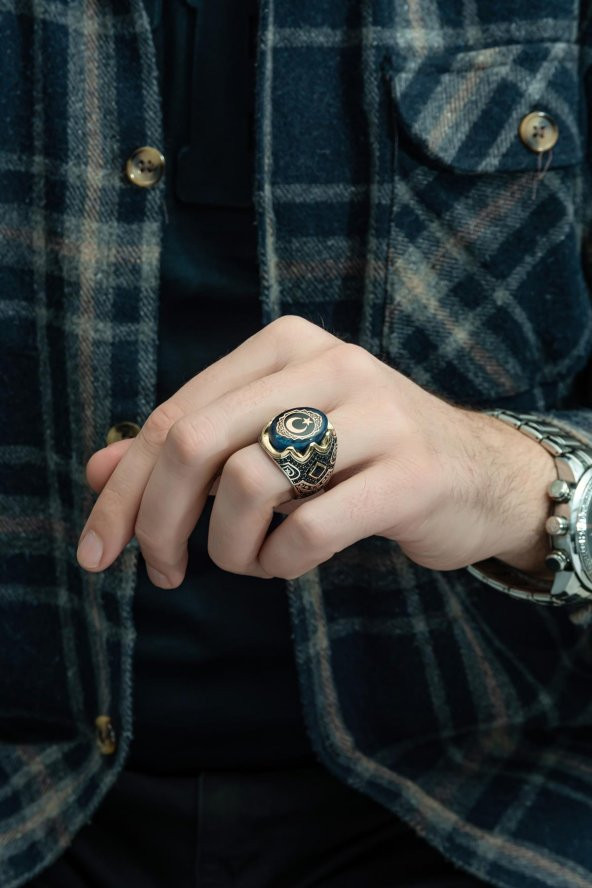 Mavi Ayyıldız Desenli Kehribar Taşlı 925 Gümüş Erkek Yüzük - Resim 4