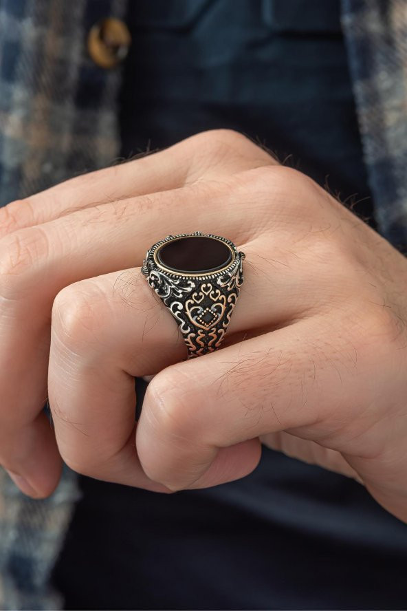 Çift Taraflı Ayyıldız OniksTaşlı 925 Gümüş Erkek Yüzük - Resim 7