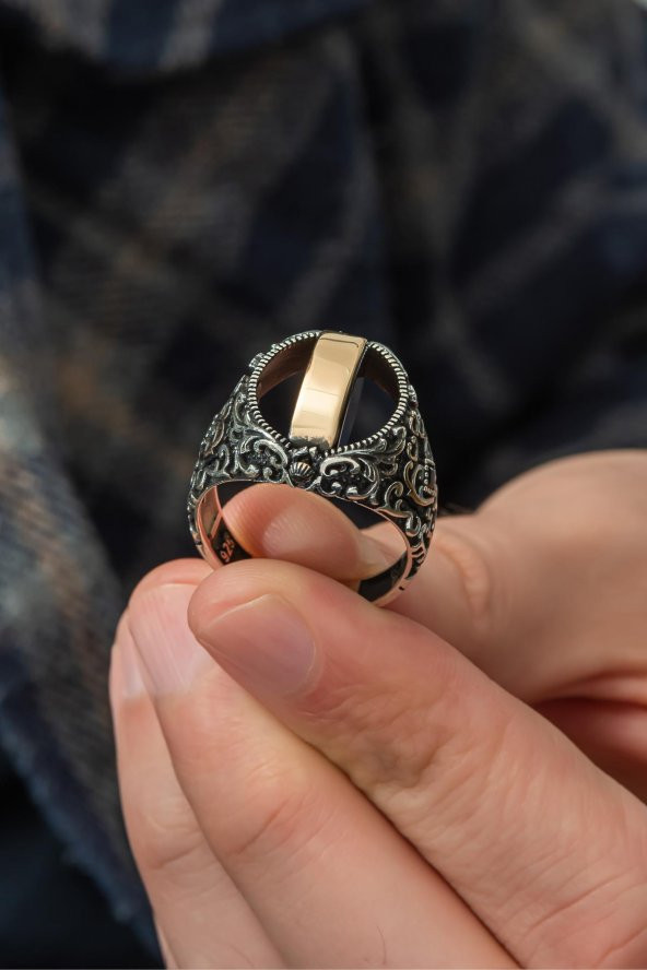 Çift Taraflı Ayyıldız OniksTaşlı 925 Gümüş Erkek Yüzük - Resim 8