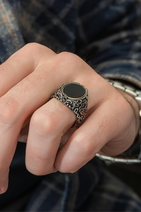Çift Taraflı Ayyıldız OniksTaşlı 925 Gümüş Erkek Yüzük - Resim 9
