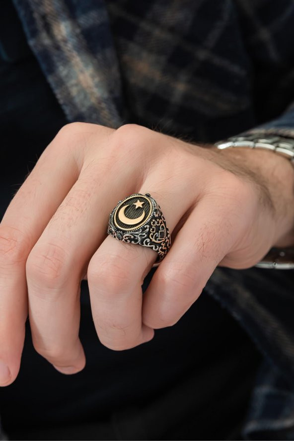 Çift Taraflı Ayyıldız OniksTaşlı 925 Gümüş Erkek Yüzük - Resim 10