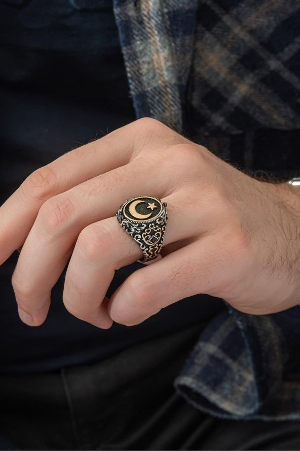 Çift Taraflı Ayyıldız OniksTaşlı 925 Gümüş Erkek Yüzük - Resim 11