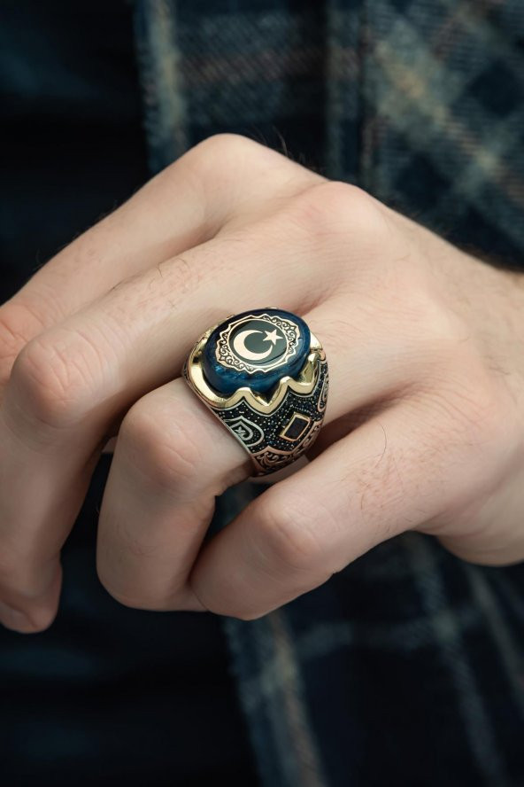 Mavi Ayyıldız Desenli Kehribar Taşlı 925 Gümüş Erkek Yüzük - Resim 3
