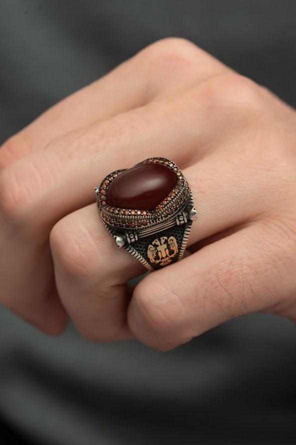 Mavi Kaplan Gözü Taşlı 925 Gümüş Erkek Yüzük - Resim 8