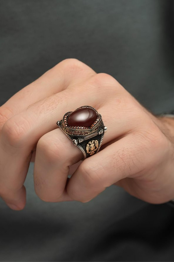 Mavi Kaplan Gözü Taşlı 925 Gümüş Erkek Yüzük - Resim 10