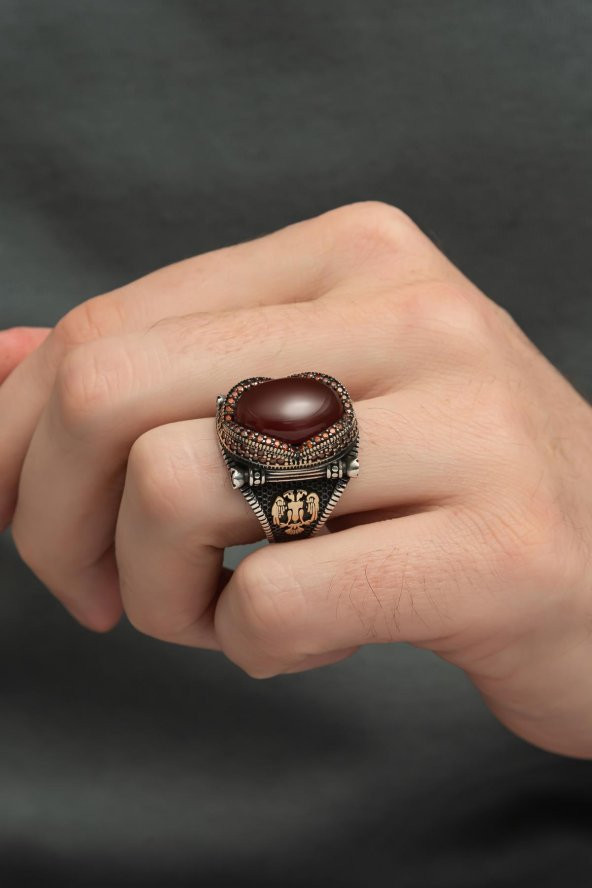 Mavi Kaplan Gözü Taşlı 925 Gümüş Erkek Yüzük - Resim 11