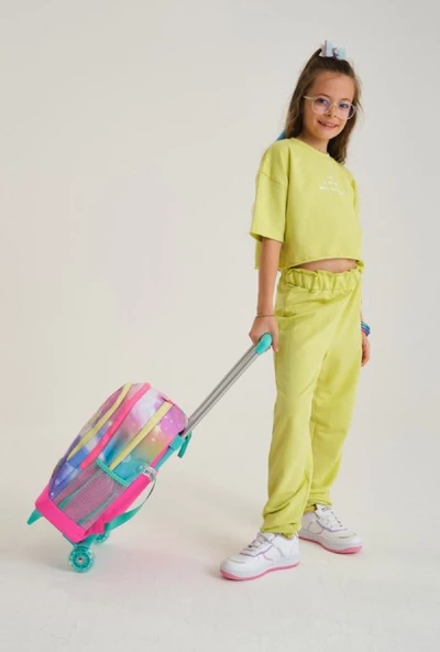 Coral High Işıklı Tekerlekli Unicorn ve Kız Çekçek Okul ve Seyahat Çantası Kız Çocuk Su Yeşili Pembe - Resim 4