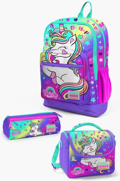 Coral High Kids Lavanta Su Yeşili Unicorn Desenli 3’lü Okul Çanta Seti - Kız Çocuk