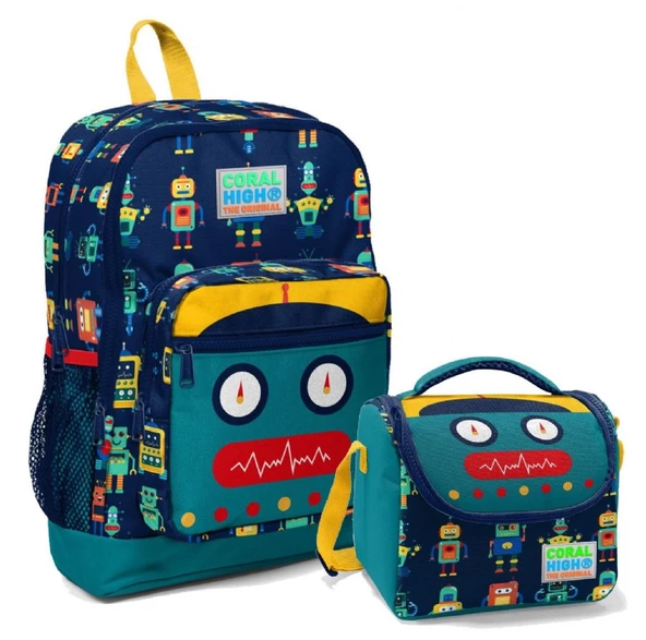 Coral High Robot Desenli Erkek Çocuk İlköğretim Okul Sırt Çantası ve Beslenme Çanta Seti