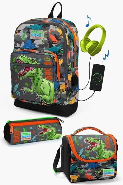 Coral High Kids Siyah Gri Dinozor Desenli USB'li 3’lü Okul Çanta Seti - Erkek Çocuk
