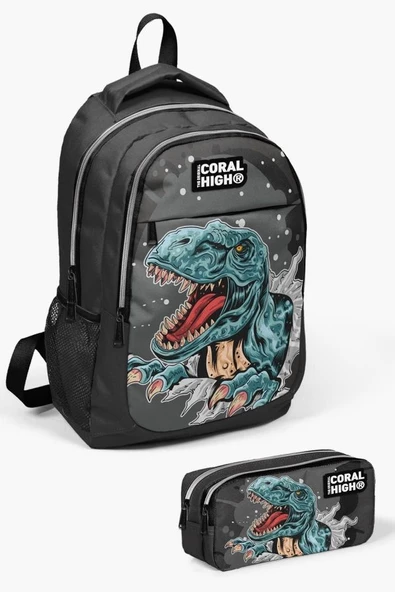 Coral High Kids Koyu Gri Siyah Dinazor Desenli 2'li Okul Çanta Seti - Erkek Çocuk