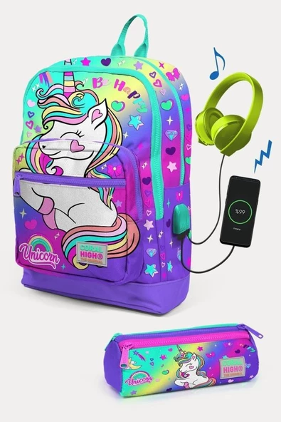 Coral High Kids Lavanta Su Yeşili Unicorn Desenli USB'li 2'li Okul Çanta Seti - Kız Çocuk