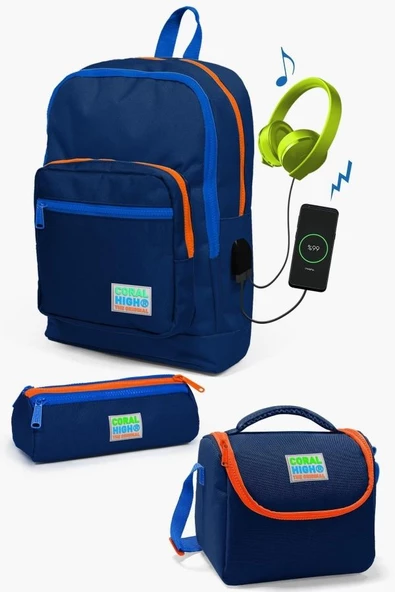 Coral High Kids Lacivert USB'li 3’lü Okul Çanta Seti - Erkek Çocuk