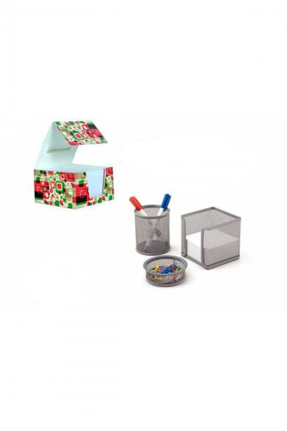 3 LÜ KALEMLİK SETİ METAL GRİ PERFORE +KÜP NOT KAĞIDI (84x84x48 mm ürün görseli