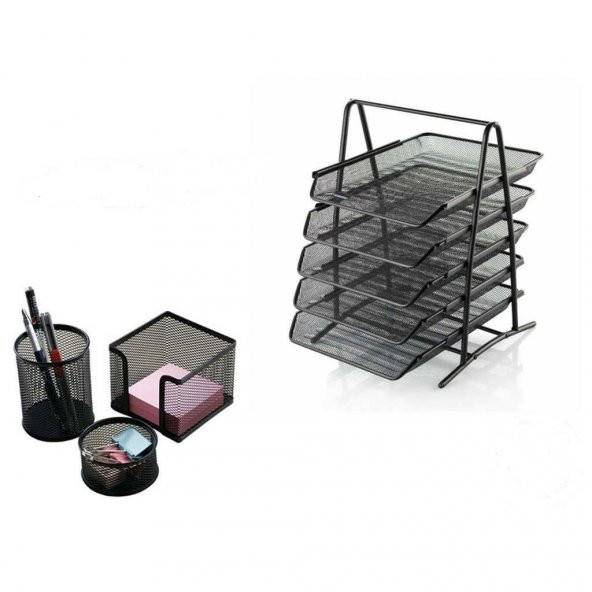 METAL EVRAK RAFI 5 KATLI SİYAH VE KALEMLİK SETİ ürün görseli