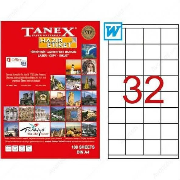 Tanex TW-2032 Beyaz Etiket 52.5 x 35 mm Ücretsiz Kargo