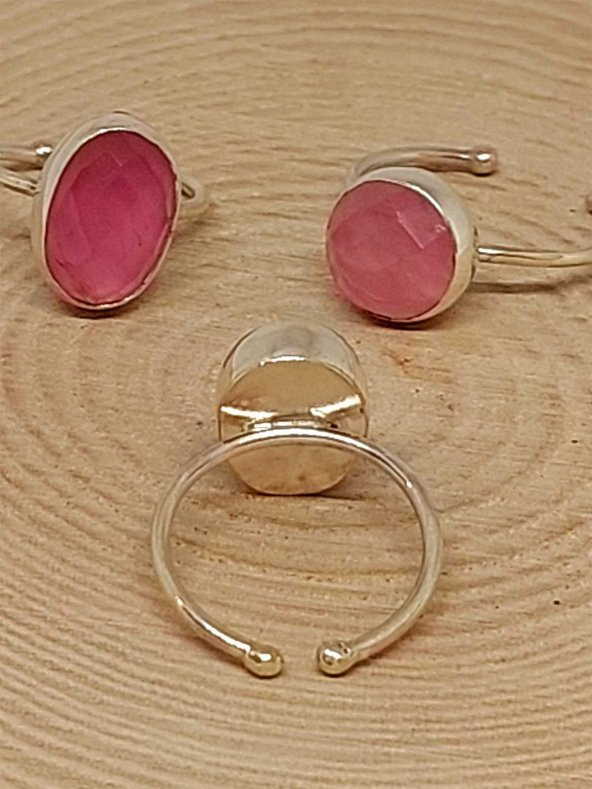 Pembe Kuvars Taşı Ayarlanabilir Gümüş Yüzük (Canlı Renk) - 3