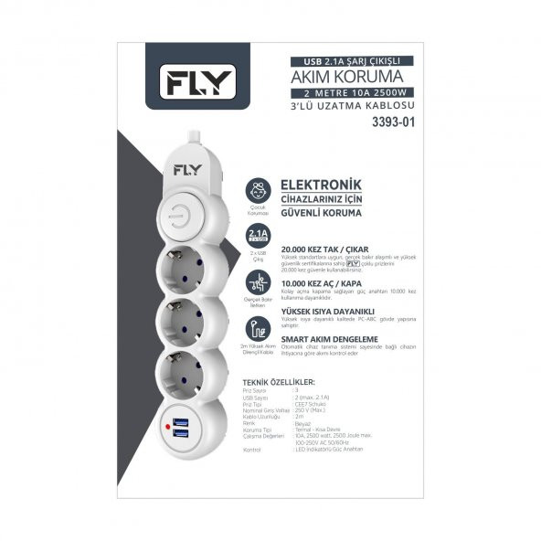 FLY Akım Korumalı Priz 3'lü, 2 Metre, 2 USB 2.1A - 3