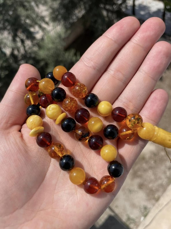 Renk Karması Doğal Kaya Damla Kehribar Tesbih 33lük 11mm 27,20 Gram - Resim 2