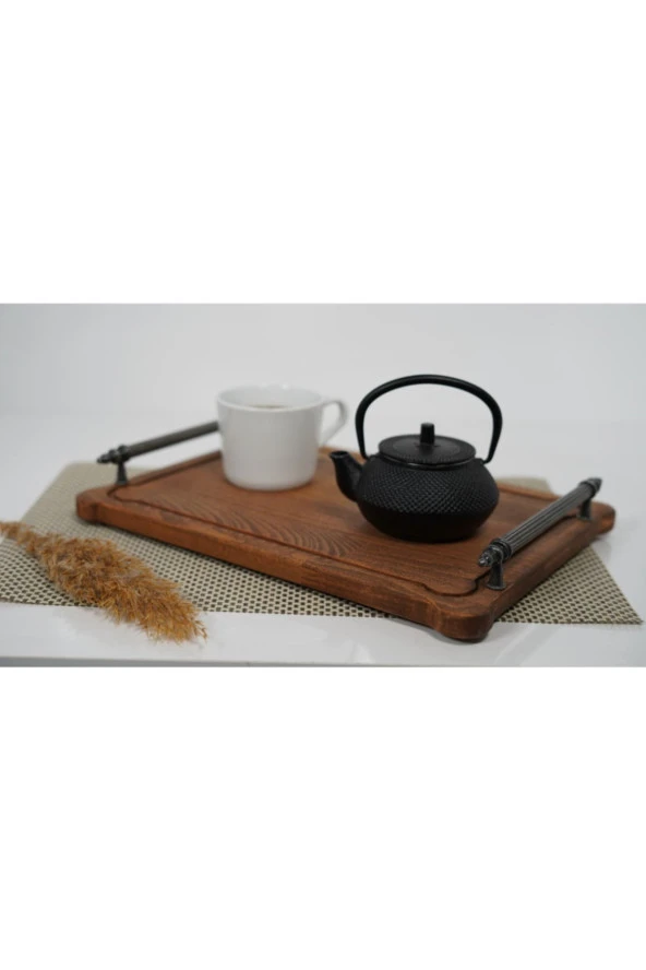 Ceviz Doğal Ahşap Zamak Kulplu Dikdörtgen Tepsi 40cm - 3