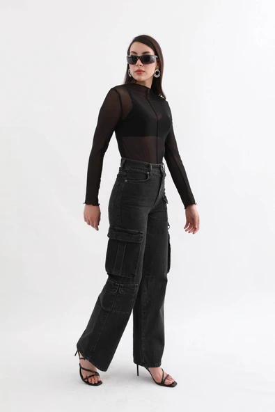 Kadın Kargo Cepli Jean Pantolon Antrasit - 5