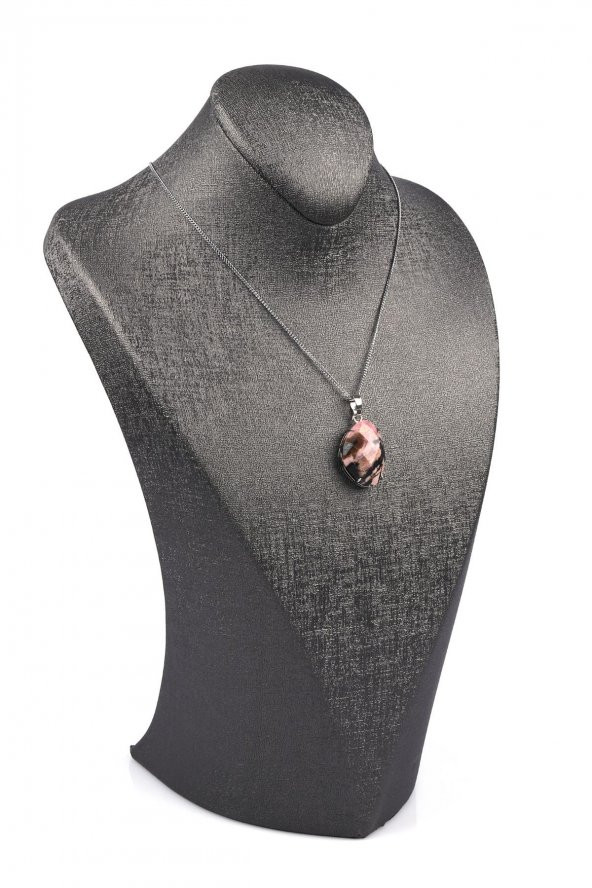 Rodonit Doğal Taş Gümüş Renkli Kolye - Resim 2