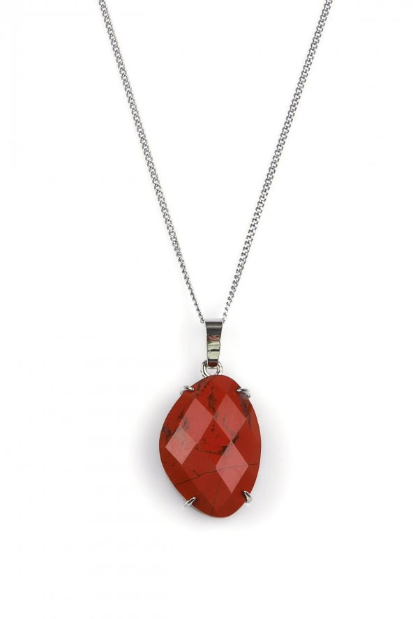 Red Jasper Doğal Taş Gümüş Renkli Kolye