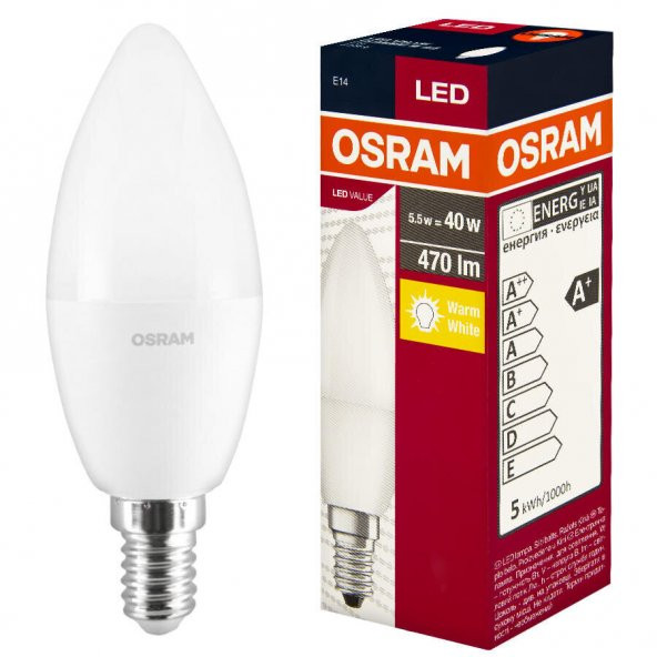 Osram Led Classic B 5.5W/40W 2700K Sarı Işık 6 Adet ince Duy E14