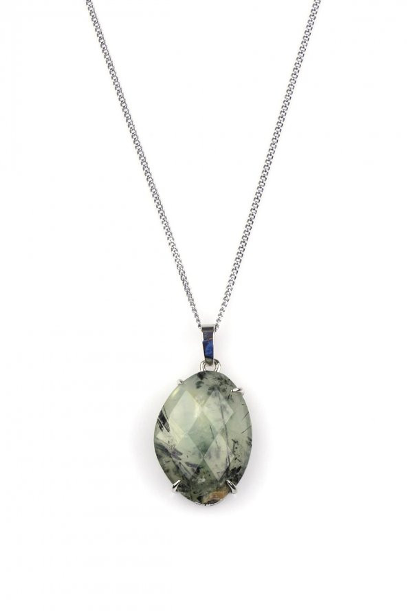 Prehnite Doğal Taş Gümüş Renkli Kolye