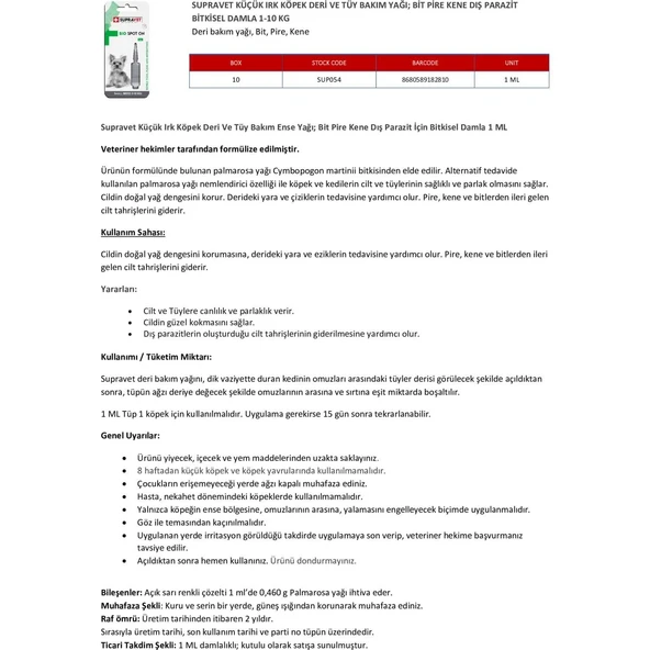 Supravet Küçük Irk Köpek Deri Ve Tüy Bakım Yağı; Bit Pire Kene Dış Parazit Ense Damlası 1-10Kg (1ml) - Resim 6
