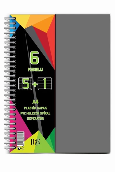 5+1 Ayraçlı Defter 6 Konulu 150 Yaprak 1 Adet 5 Kareli 1 Çizgili Spralli Plastik Kapak Seperatörlü - 8