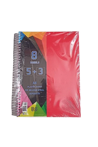 5+3 Ayraçlı Defter 8 Konulu 200 Yaprak 1 Adet 5 Kareli 3 Çizgili Spralli Plastik Kapak Seperatörlü - 2