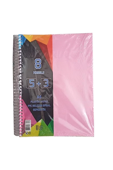 5+3 Ayraçlı Defter 8 Konulu 200 Yaprak 1 Adet 5 Kareli 3 Çizgili Spralli Plastik Kapak Seperatörlü - 4