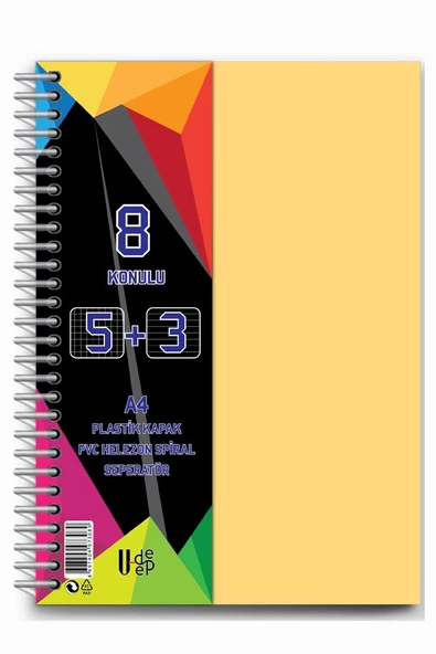 5+3 Ayraçlı Defter 8 Konulu 200 Yaprak 1 Adet 5 Kareli 3 Çizgili Spralli Plastik Kapak Seperatörlü - 7