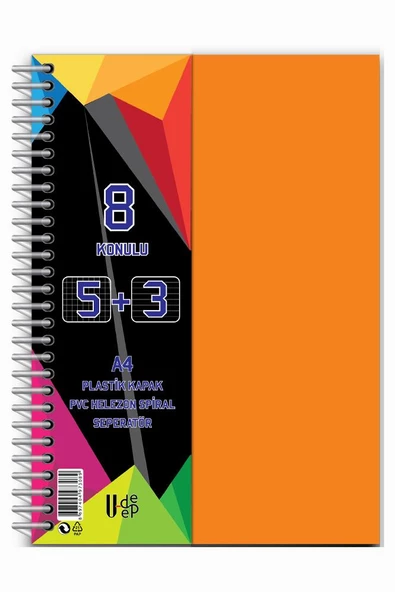 5+3 Ayraçlı Defter 8 Konulu 200 Yaprak 1 Adet 5 Kareli 3 Çizgili Spralli Plastik Kapak Seperatörlü - 9