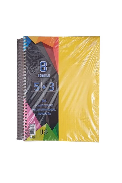 5+3 Ayraçlı Defter 8 Konulu 200 Yaprak 1 Adet 5 Kareli 3 Çizgili Spralli Plastik Kapak Seperatörlü - 5