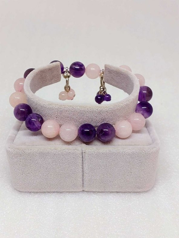 Ametist & Pembe Kuvars Taşı Pandora Bileklik 10mm - 3