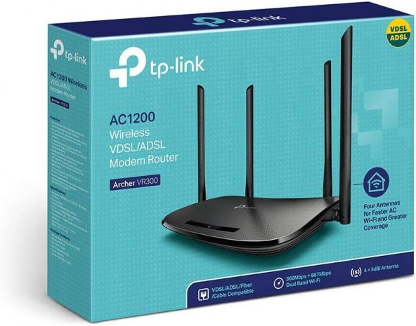 TP-Link Archer VR300, AC1200 Mbps Kablosuz Dual-Band Fiber/VDSL/ADSL Modem Router - 4