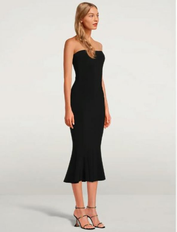 Kadın Fırfır Detay Jarse Straplez Kesim Midi Elbise - Resim 5