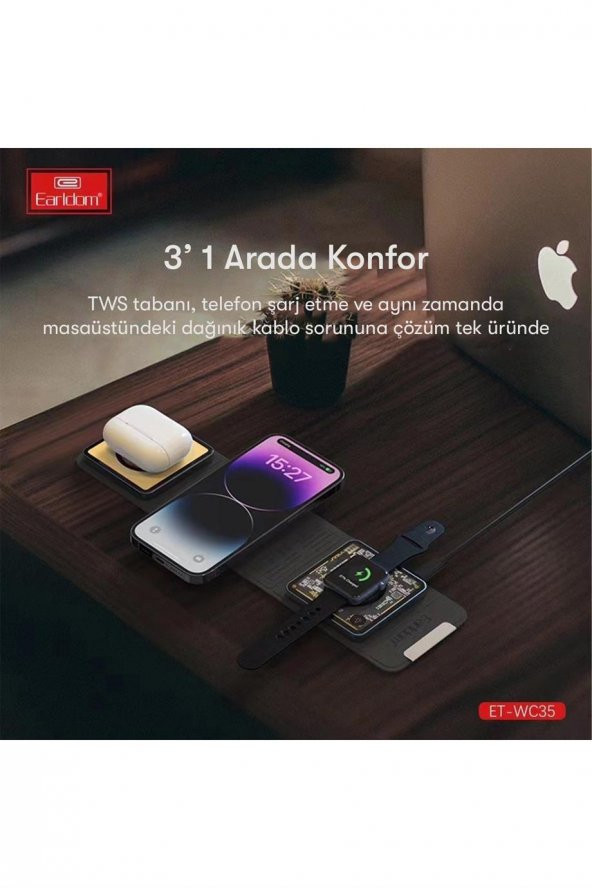 Peeq Earldom WC35 3in1 15W Magsafe Katlanabilir Masaüstü Kablosuz Şarj Standı - Resim 4