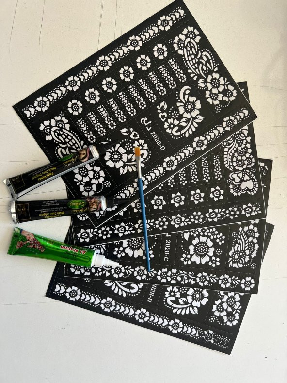 2 Tüp Siyah 1 Tüp Kırmızı Hint Kınası Fırça Ve 4 Adet Dövme Şablon Karışık ürün görseli 1