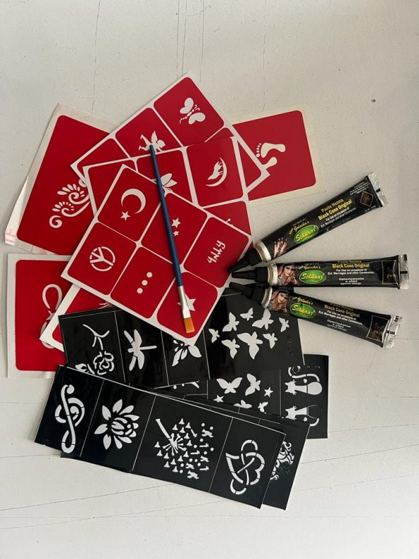 3 Tüp Siyah kına 20 Şablon ve Fırça Hediyeli Geçici Dövme Seti ürün görseli 1