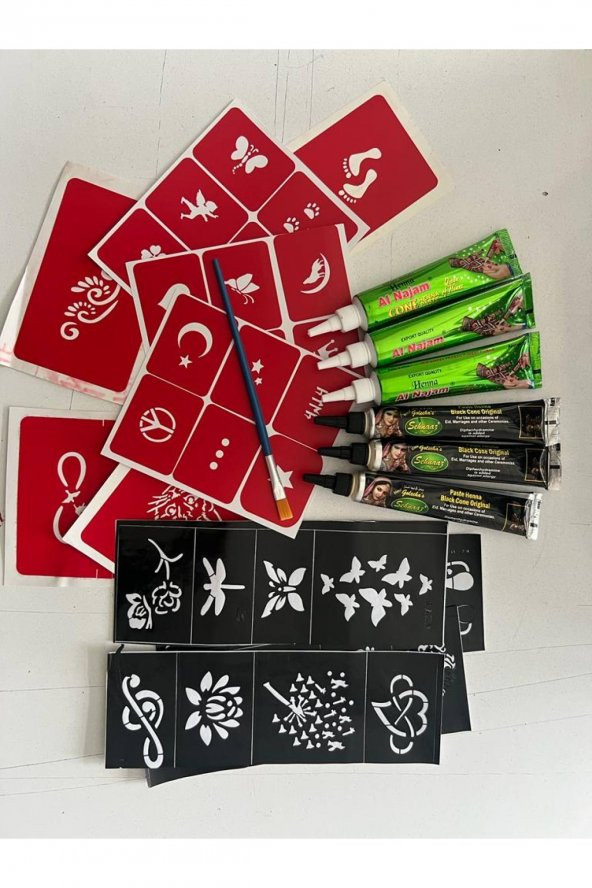 6 Tüp Siyah ve Kırmızı kına 40 Şablon ve Fırça Hediyeli Geçici Dövme Seti ürün görseli 1