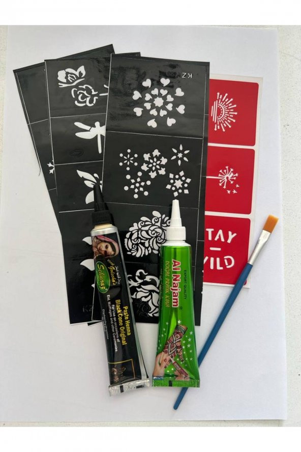 2 Tüp Siyah ve Kırmızı kına 10 Şablon ve Fırça Hediyeli Geçici Dövme Seti ürün görseli 1