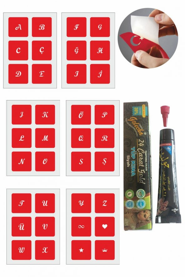 El Yazısı Harfler Hint Kınası ile Geçici Dövme Yapma Seti