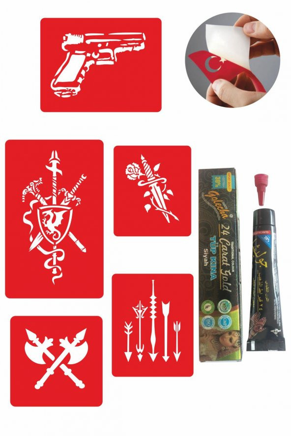 Savaş Aletleri Desenleri Hint Kınası ile Geçici Dövme Yapma Seti