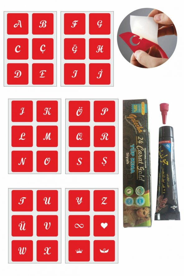 Kare Harfler Hint Kınası ile Geçici Dövme Yapma Seti ürün görseli 1