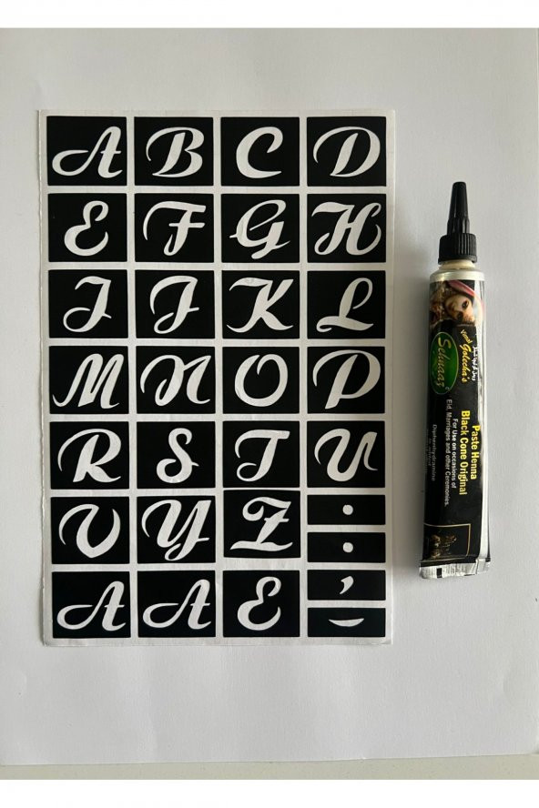 Alfabe ile İsim Harf Yazma Geçici Dövme Seti Siyah Kına Hediyeli