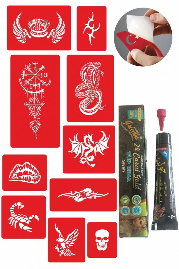 Efsane Tasarımlar Kınayla Geçici Dövme Kampanya Seti 1 Tüp Siyah Kına 10 desen ürün görseli 1